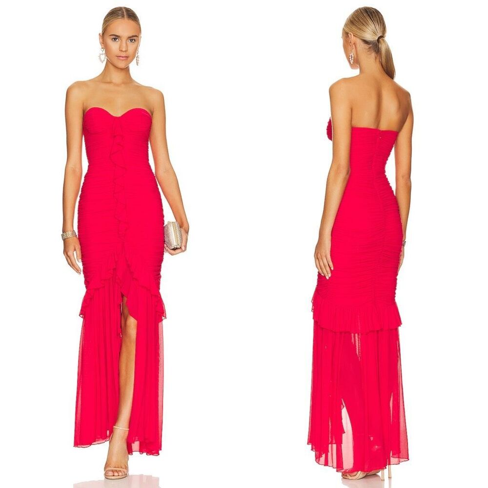 MAJORELLE Strapless Ruffled Maxi Dress in Red